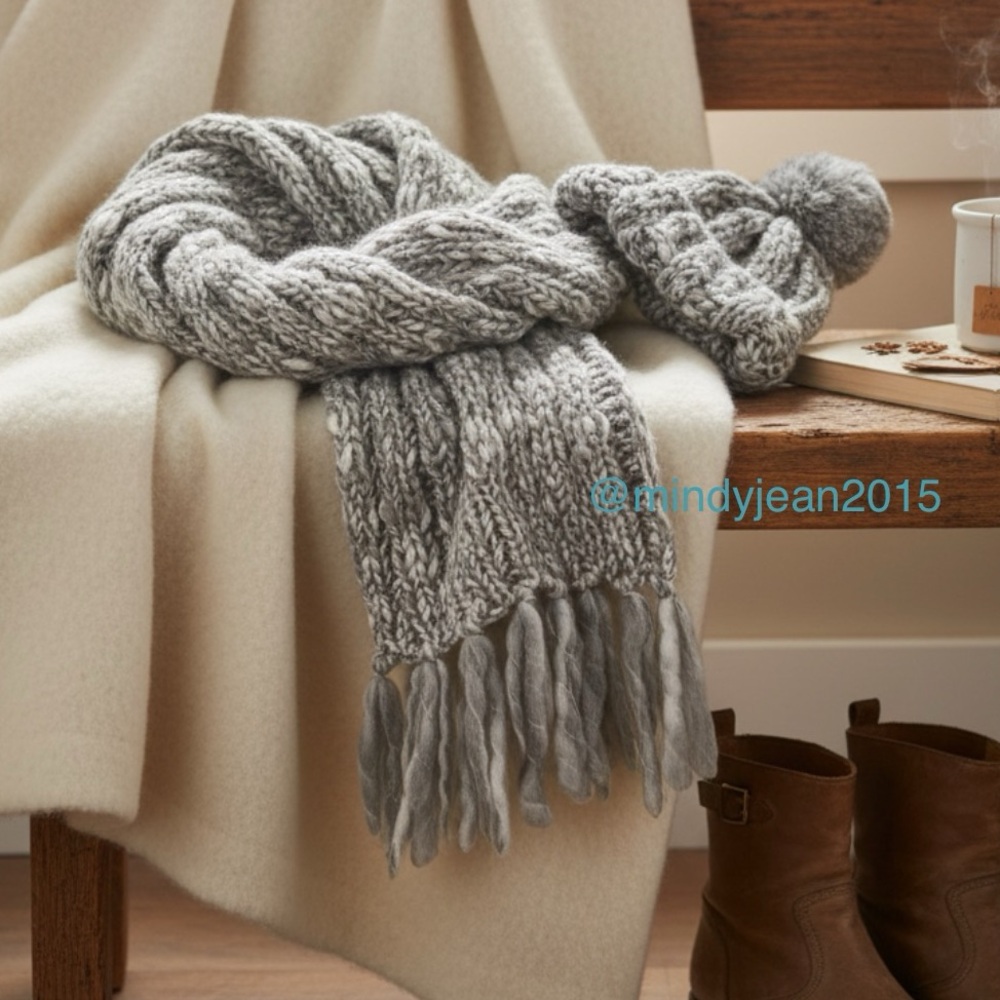 NWT GAP Cable Knit Scarf & knitted Beanie in Marled grey